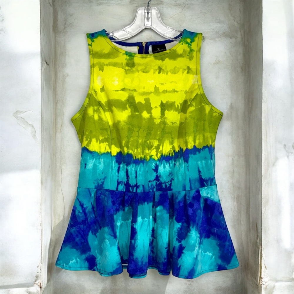 Worthington Vibrant Yellow and Blue Tye Dye Style Sleeveless Peplum Top Shirt S
